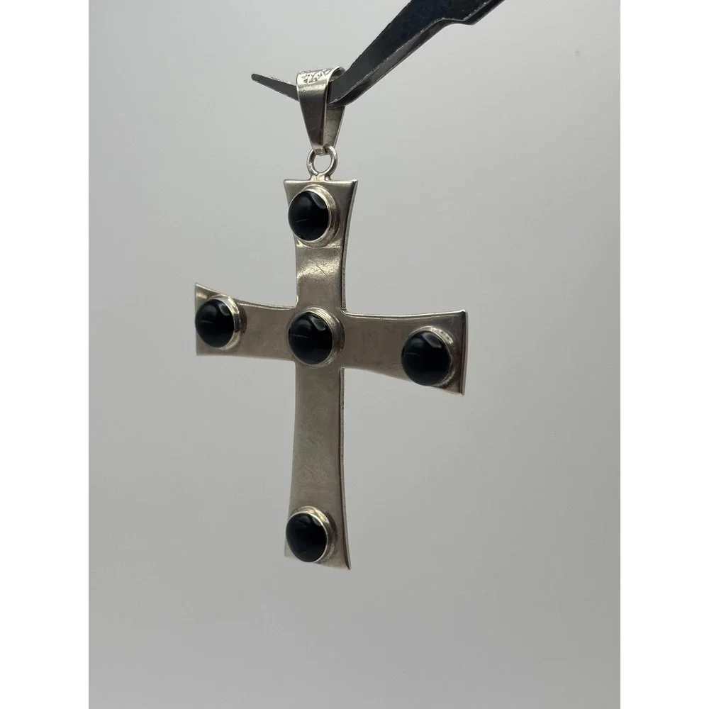 Large VTG Taxco Mexico 925 Sterling Silver 925 Black Onyx Cross Pendant